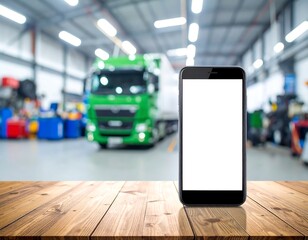 Smartphone on wooden table, blurred garage background