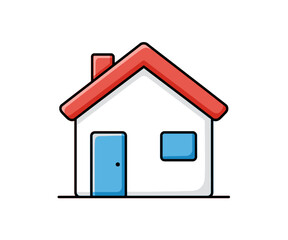 A simple, stylized illustration of a white house with a red roof and blue door and window.