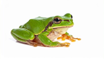 Obraz premium Green tree frog in profile view on white background, showing climbing features