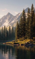 Serene alpine lake reflecting sunlit mountains, a cluster of evergreens on a grassy lakeshore.  Soft focus, warm tones dominate the tranquil scene