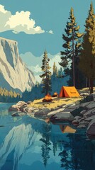 Serene lakeside campsite nestled amongst towering pines and a majestic cliff face, reflecting tranquil waters under a bright, partly cloudy sky