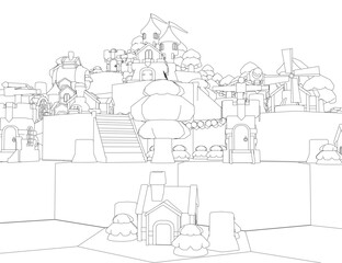 Ancient low poly castle with intricate contour details stands on a staircase surrounded by trees and buildings against a stark white background.