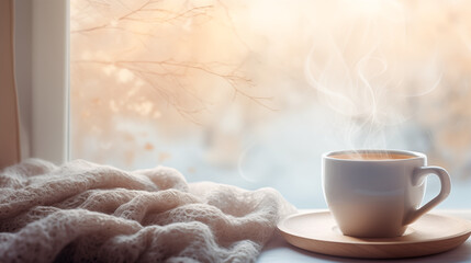 Tasse de café ou cappuccino. Boisson chaude, ambiance chaleureuse et relaxante, au bord d'une fenêtre, lumière automnale et hivernale.  Arrière-plan pour conception et création graphique.