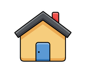 Illustration of a simple house with a blue door and red chimney.