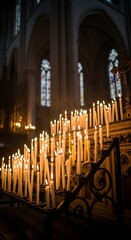 Many lit candles glow warmly on a tiered stand within a dark church.