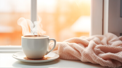 Tasse de café ou cappuccino. Boisson chaude, ambiance chaleureuse et relaxante, au bord d'une fenêtre, lumière automnale et hivernale.  Arrière-plan pour conception et création graphique.