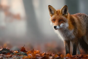 Obraz premium Captivating red fox in a misty autumn forest with colorful fallen leaves, showcasing wildlife in its natural habitat, perfect for nature enthusiasts and wildlife photographers