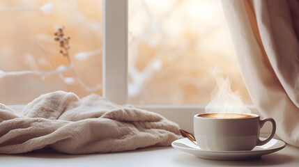 Tasse de café ou cappuccino. Boisson chaude, ambiance chaleureuse et relaxante, au bord d'une fenêtre, lumière automnale et hivernale.  Arrière-plan pour conception et création graphique.