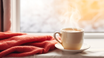 Tasse de café ou cappuccino. Boisson chaude, ambiance chaleureuse et relaxante, au bord d'une fenêtre, lumière automnale et hivernale.  Arrière-plan pour conception et création graphique.