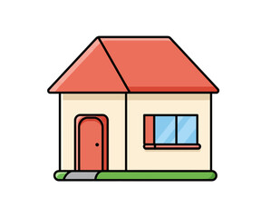 Illustration of a small house with a red roof, door, and window on a green lawn.
