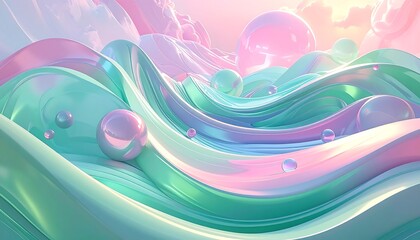 Abstract design with flowing pastel colors and shimmering spheres, creating a soft and ethereal landscape.