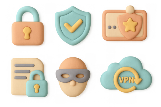 3d security icons illustration for tech design in simple grid layout