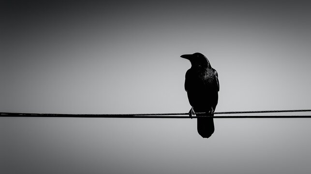 A single black crow silhouette perched on a wire, empty sky background.
