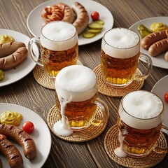 A tabletop view of several mugs of beer and grilled sausages with mustard and pickles.