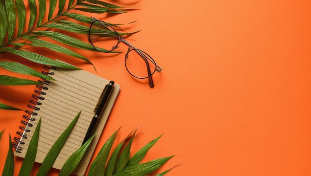 Spiral Notebook, Pen, Glasses, and Palm Leaves on Orange Background. - Powered by Adobe