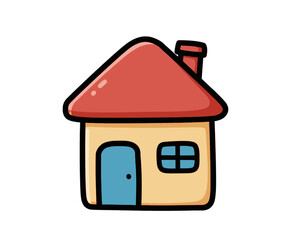 Cartoon house with red roof, blue door, and small window.