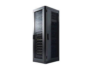 Gray server rack, angled view, showcasing internal components