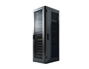 Gray server rack, angled view, showcasing internal components