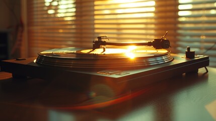 Fototapeta premium A vintage record player playing a vinyl record on a cozy retro table by the window with warm sunlight.