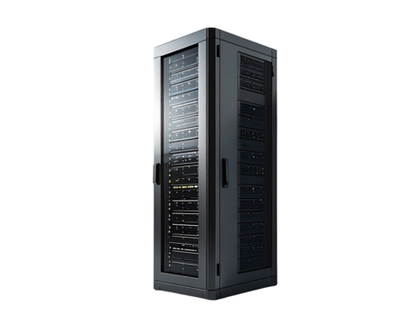 Gray server rack, angled view, showcasing internal components