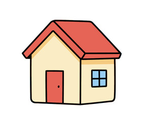 Simple cartoon drawing of a small house with red roof and door.