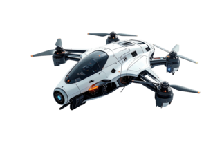 Futuristic white drone aircraft, angled flight, sleek design,  rotorcraft,  modern,  isolated