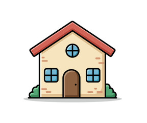 Simple cartoon illustration of a small house with a red roof and light beige walls.