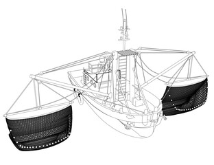 Black and white contour drawing of a fishing trawler vessel with a net attached to its side, floating on water against a clean white background.