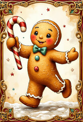 Festive Christmas Design of Gingerbread Man and Candy Cane - Illustration of a gingerbread man with a candy cane, surrounded by ornate decorations and festive colours.