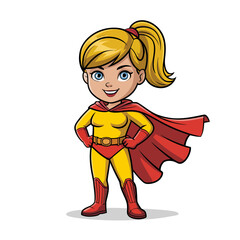 Girl superhero character, blonde ponytail, red cape, yellow suit, hands on waist pose, cartoon vector, kids hero design