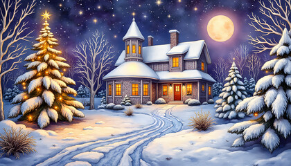 Cosy Snow Covered Cottage on a Peaceful Winter Night - Illuminated cottage in a serene snowy landscape surrounded by decorated Christmas trees under a moonlit starry night.