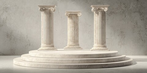 Naklejka premium Three classical columns of varying heights stand on a tiered, circular marble platform against a textured wall