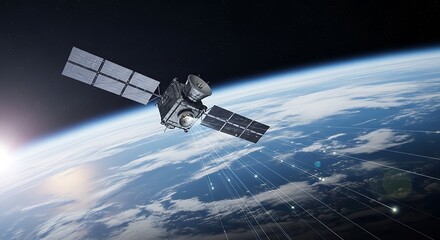 Fototapeta premium A sophisticated satellite orbits Earth, showcasing a network of connections extending outward.