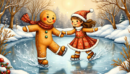 Gingerbread Man and Girl Skating on a Winter Pond - Whimsical illustration of a gingerbread man and girl joyfully ice skating on a frozen pond during winter holidays.