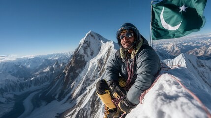 Proud Pakistani male mountaineer holding national flag on snowy mountain summit with climbing gear and sunglasses celebrating achievement in high altitude adventure sports