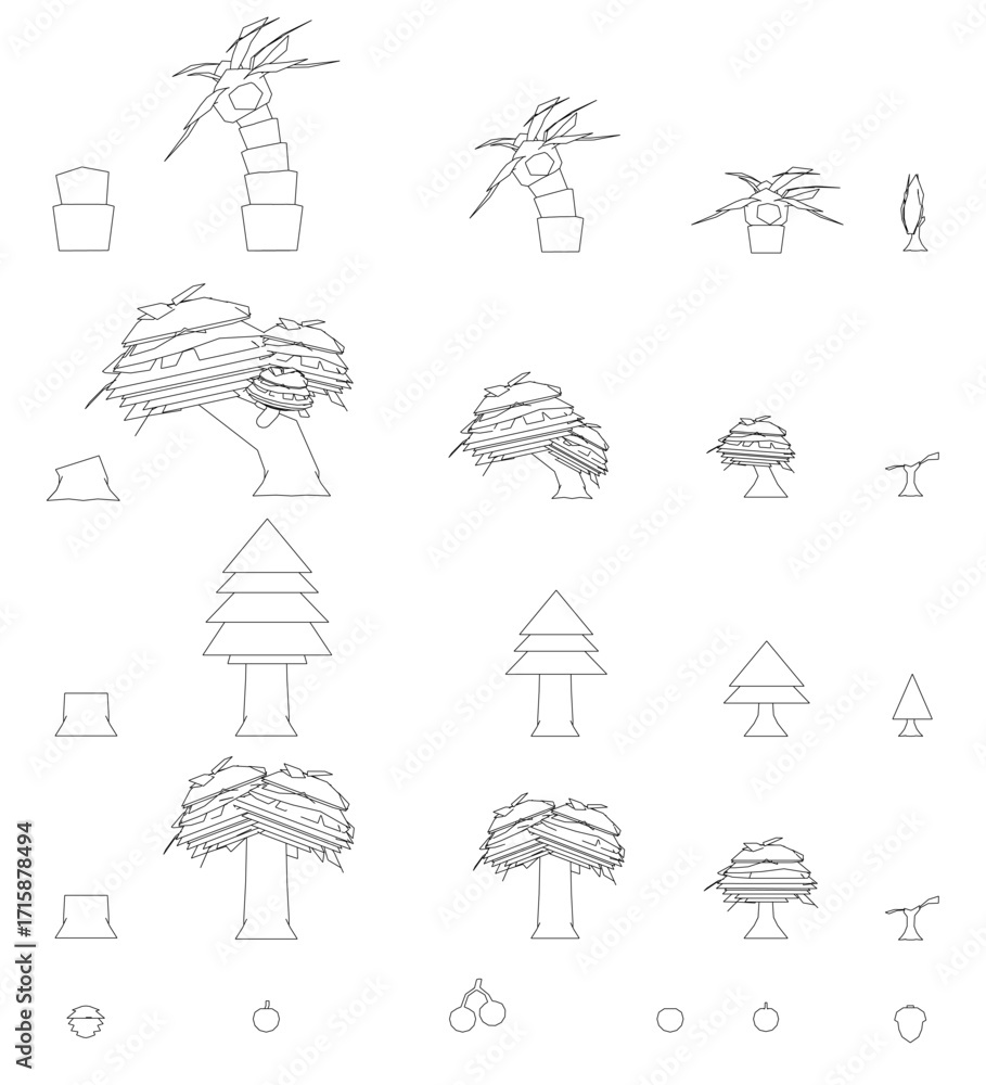 Poster low poly tree with geometric shapes like circles and squares in various sizes. detailed branches and