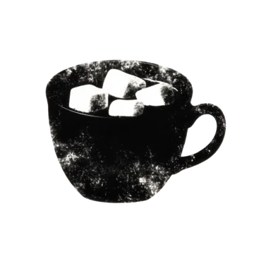 Abstract dark silhouette of a mug with glowing marshmallows on transparent background