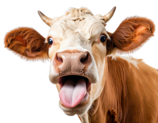 Funny Cow Head with Tongue Sticking Out, Farm Animal Humor, Isolated on Transparent Background PNG