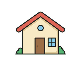 A simple cartoon illustration of a small house with a red roof, brown door, and a blue window on a white background.