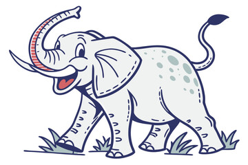 Cheerful Walking Elephant with Cartoon Style on White Background