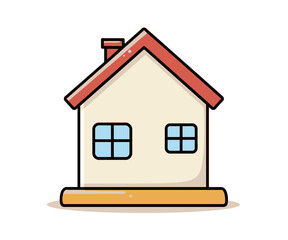 A simple cartoon illustration of a house with a red roof and two windows.