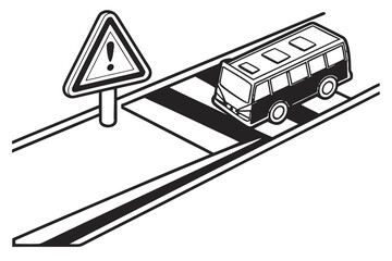 Illustration of a bus crossing a pedestrian crosswalk with a warning sign nearby.