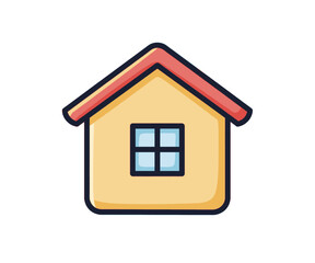 A simple cartoon icon of a house with yellow walls, a red roof, and a blue window, isolated on a white background.