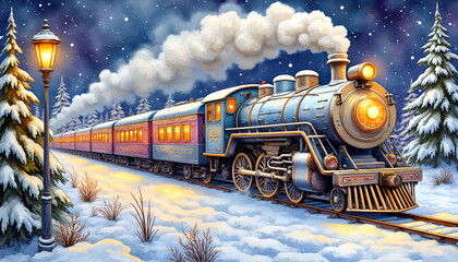 Winter Train Traveling Through a Snowy Landscape - A festive, illuminated steam train travels through a snowy forested area on a starry winter night, evoking nostalgia and holiday charm.