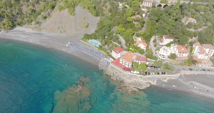 Aerial view of the beach in the Acquafredda district of Maratea. It is a popular seaside resort overlooking the Tyrrhenian Sea in the province of Potenza, Basilicata, Italy.