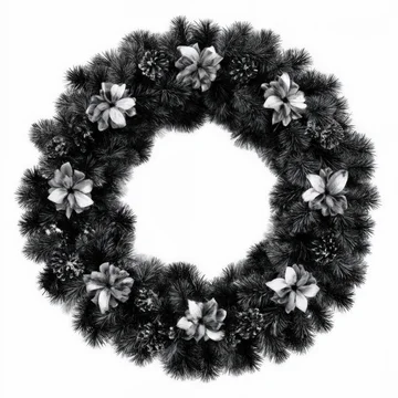 Monochrome drawing of a Christmas wreath with festive bows and pine cones on white background