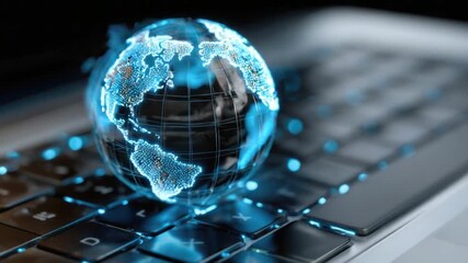 A futuristic digital globe rests on a laptop keyboard, symbolizing global connectivity and technology's impact on communication and information sharing in the modern world. - Powered by Adobe