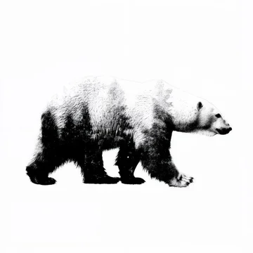Majestic walking polar bear with a dark forest texture overlay on its fur on white background