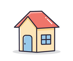 A simple, stylized illustration of a small, yellow house with a red roof and blue door and window.