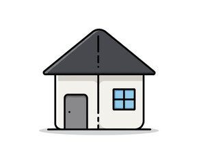 A simple, cartoon-style illustration of a house with a dark roof, light walls, a gray door, and a blue window.